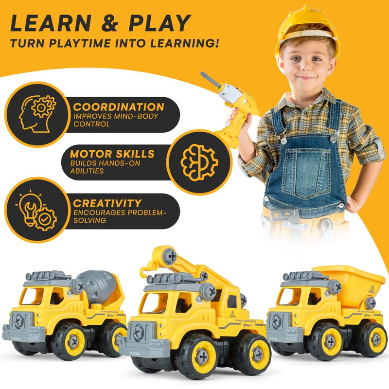 Top Race 3-in-1 Construction Toys - Easy Assembly Take Apart Construction Trucks with Remote Control and Drill - 3 Building Models for Kids Ages 3 and Up - Ideal for Indoor and Outdoor Play - Image 5